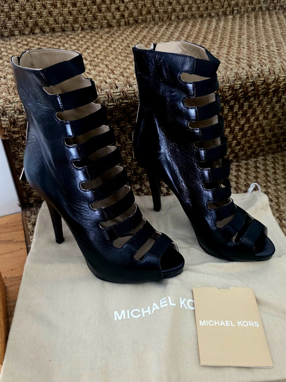 Michael Kors Black Strappy Peep-Toe Leather Ankle Booties. NWT.